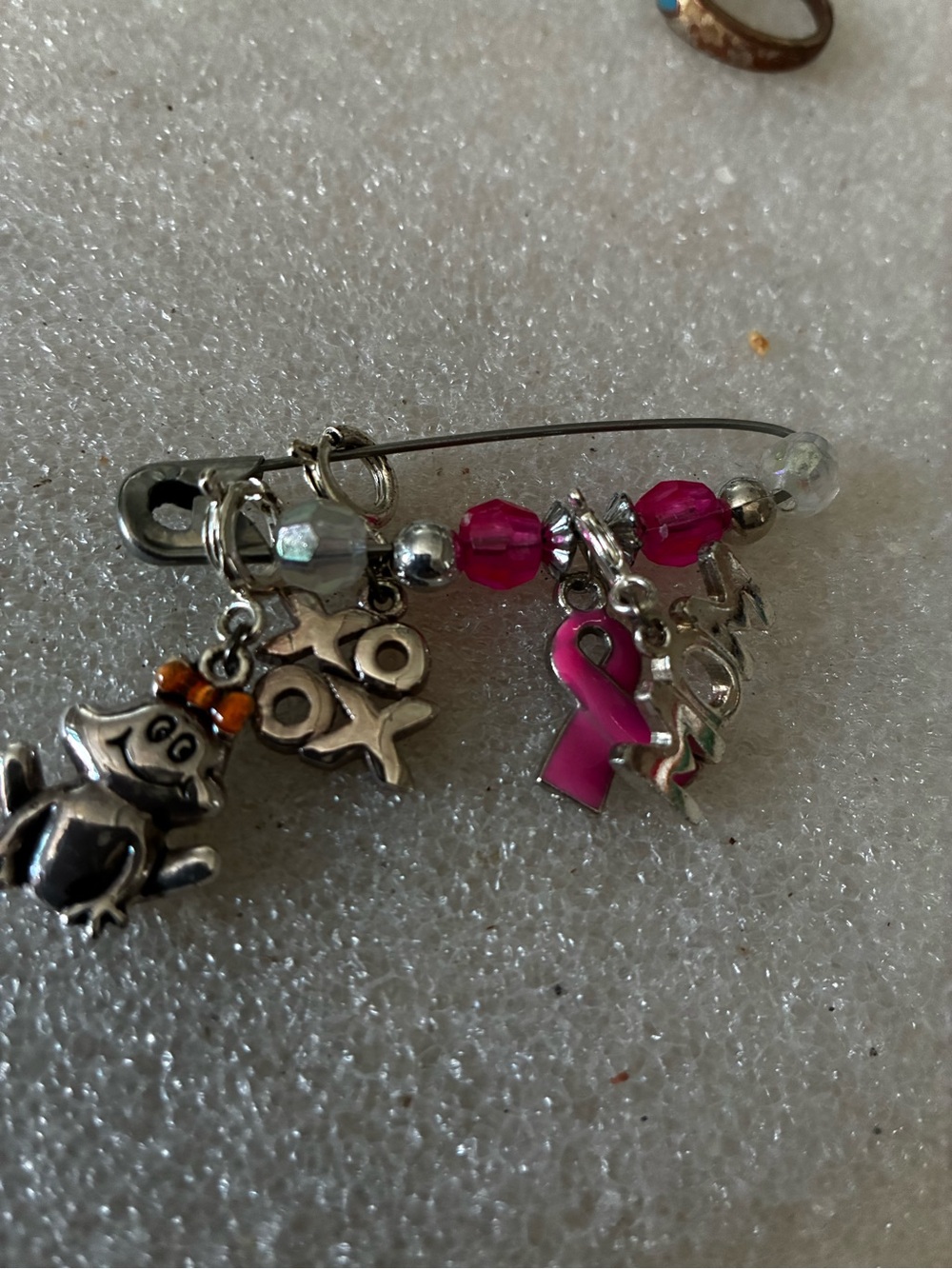 Pink Ribbon Charm Safety Pin Brooch
